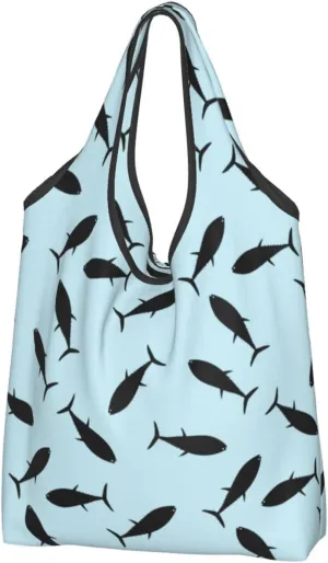 3 PCS Large Tote Bag for Women - Lightweight Black tuna fish Reusable Grocery Bags Foldable, Shopping Bags for Groceries, Cloth Bags Work Beach Travel with Handles
