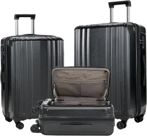 3 Piece 20/24/28 Inch Expandable Luggage Set, 20” Side Opening Carry On, 24 & 28 Inch Checked Middle Opening, ABS PC Hardshell Lightweight Suitcase, Black