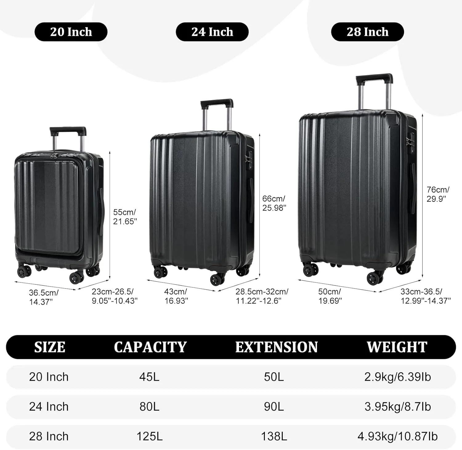 3 Piece 20/24/28 Inch Expandable Luggage Set, 20” Side Opening Carry On, 24 & 28 Inch Checked Middle Opening, ABS PC Hardshell Lightweight Suitcase, Black