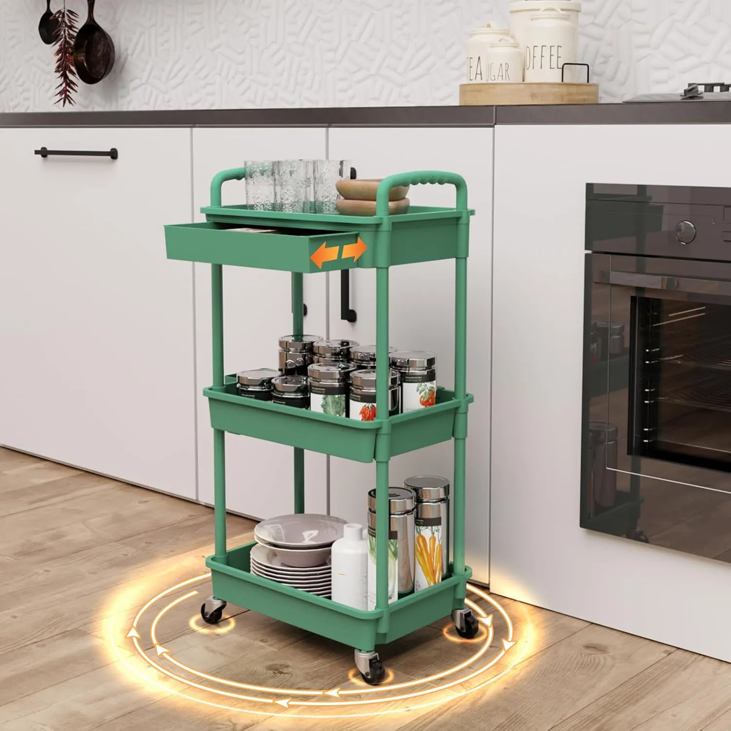 3 Tier Rolling Utility Cart with Drawer,Rolling Storage Cart,Storage Cart for Kitchen,Bathroom,Living Room, Organizer with Iron Wheels(Green)