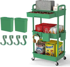 3 Tier Rolling Utility Cart with Drawer,Rolling Storage Cart,Storage Cart for Kitchen,Bathroom,Living Room, Organizer with Iron Wheels(Green)