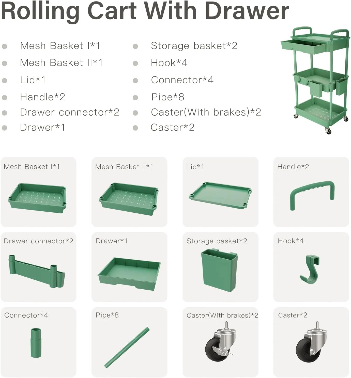 3 Tier Rolling Utility Cart with Drawer,Rolling Storage Cart,Storage Cart for Kitchen,Bathroom,Living Room, Organizer with Iron Wheels(Green)