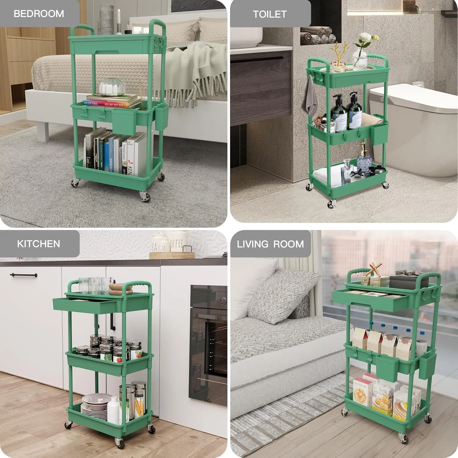 3 Tier Rolling Utility Cart with Drawer,Rolling Storage Cart,Storage Cart for Kitchen,Bathroom,Living Room, Organizer with Iron Wheels(Green)