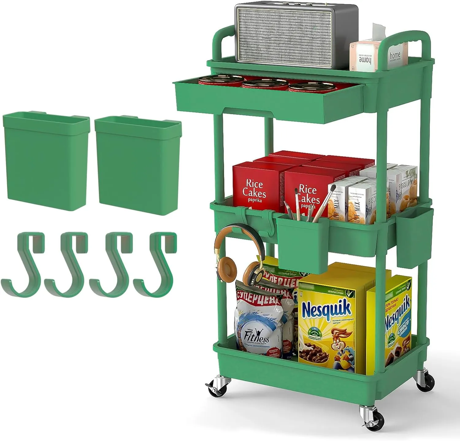 3 Tier Rolling Utility Cart with Drawer,Rolling Storage Cart,Storage Cart for Kitchen,Bathroom,Living Room, Organizer with Iron Wheels(Green)
