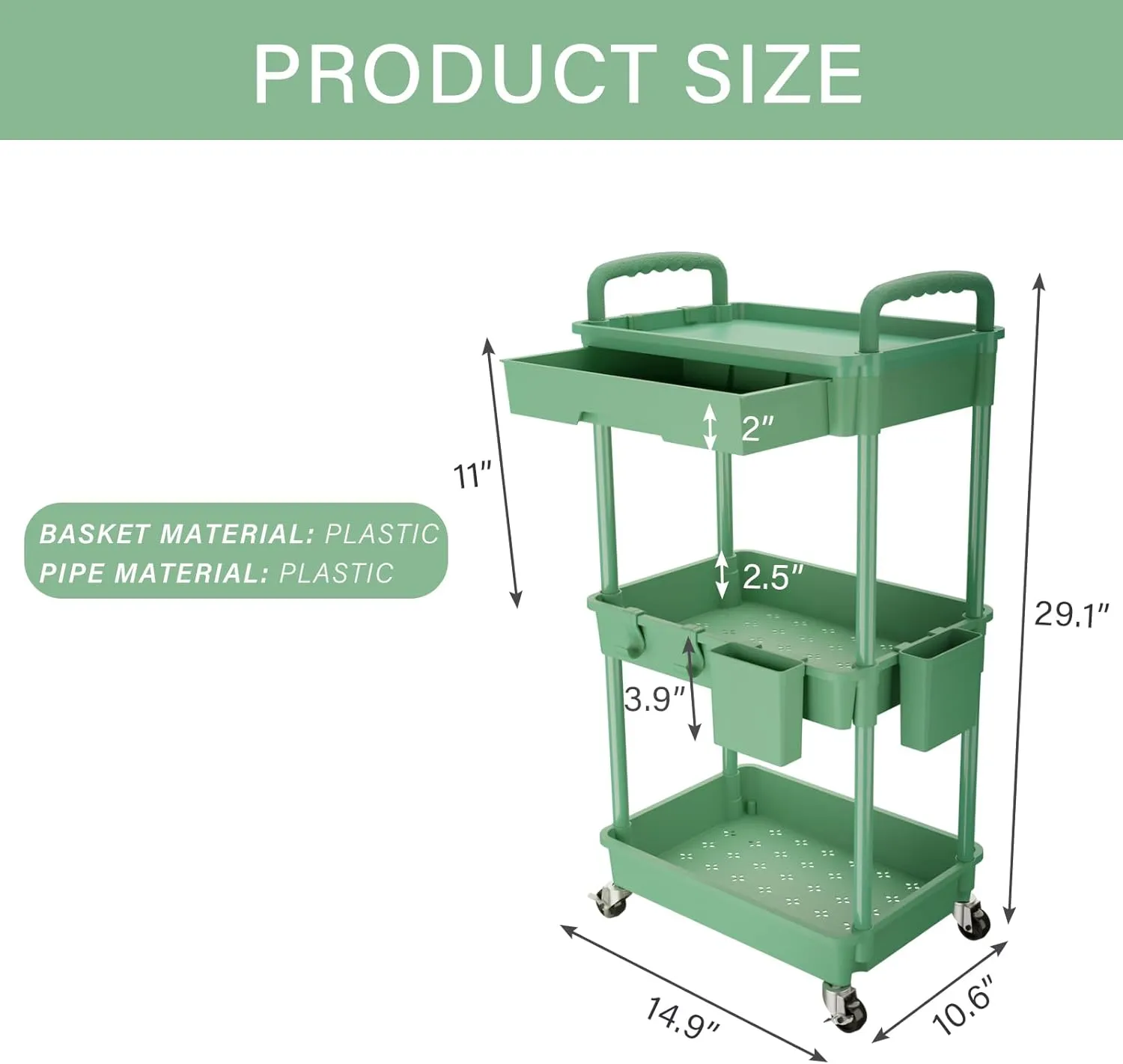 3 Tier Rolling Utility Cart with Drawer,Rolling Storage Cart,Storage Cart for Kitchen,Bathroom,Living Room, Organizer with Iron Wheels(Green)