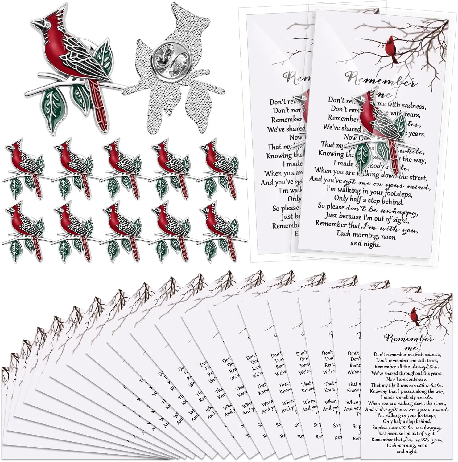 30 Sets Cardinal Memorial Gift Bulk Cardinal Lapel Pins Remember Me Poem Cards Funeral Favors for Guests Family Remembrance Gifts(English)