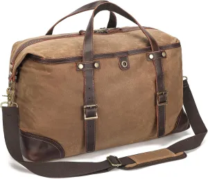 34L Vintage Waxed Canvas & Full Grain Leather Duffle Bag for Travel, Waterproof Weekender Overnight Pack, Large Carry-On Accessories for Men & Women