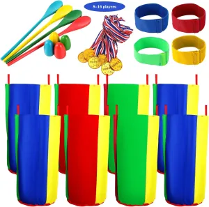 34Pcs Potato Sack Race Bags Set for Kids and Adults, 8Pcs Thickened Oxford Cloth Sacks with 4-Legged Race Bands, 4 Eggs Spoons Relay Race, and 10Pcs Golden Medals for Races, for Family Outdoor Fun