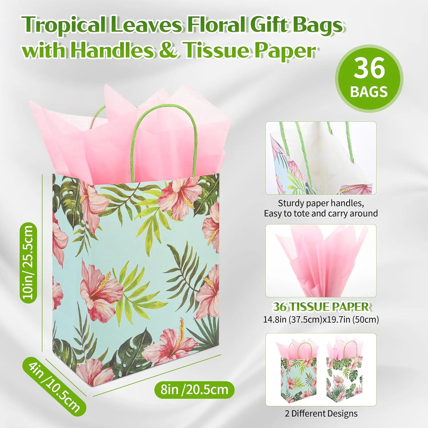 36 Pack Medium Hawaiian Tropical Themed Gift Bags with Handles and 36 Pink Tissue Paper for Luau Parties, Birthdays, Weddings, Bridal Showers, Boutiques (10x8x4 Inch, 2 Designs Assorted)