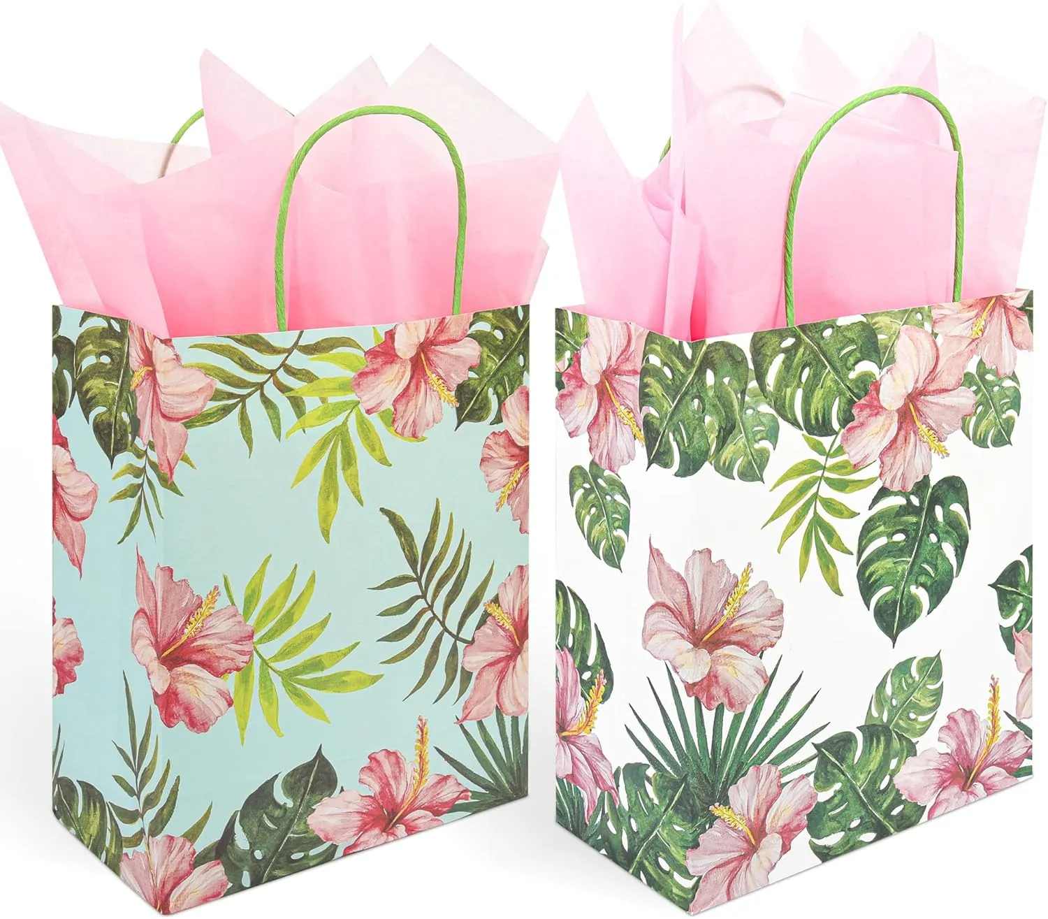 36 Pack Medium Hawaiian Tropical Themed Gift Bags with Handles and 36 Pink Tissue Paper for Luau Parties, Birthdays, Weddings, Bridal Showers, Boutiques (10x8x4 Inch, 2 Designs Assorted)