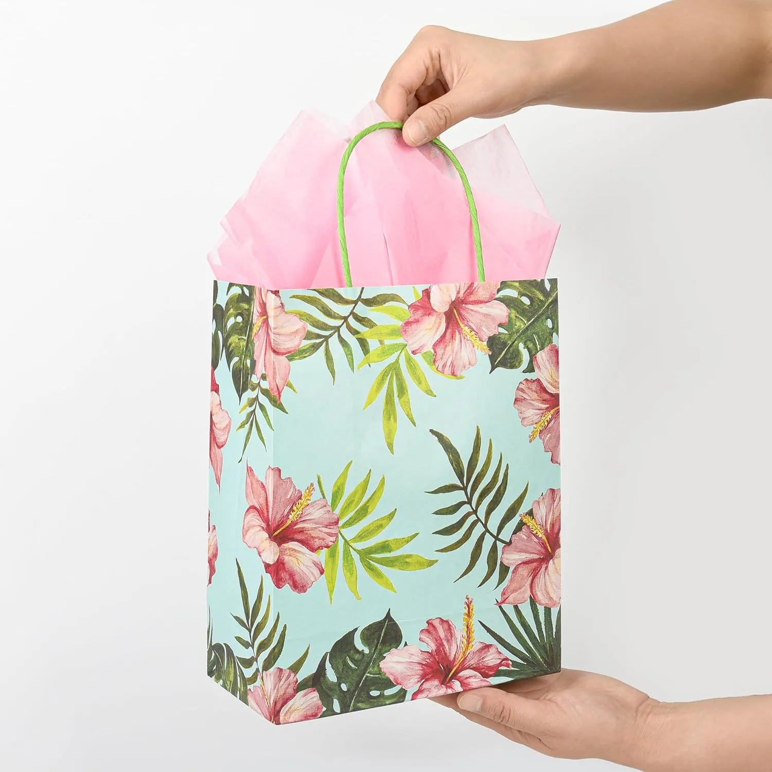 36 Pack Medium Hawaiian Tropical Themed Gift Bags with Handles and 36 Pink Tissue Paper for Luau Parties, Birthdays, Weddings, Bridal Showers, Boutiques (10x8x4 Inch, 2 Designs Assorted)