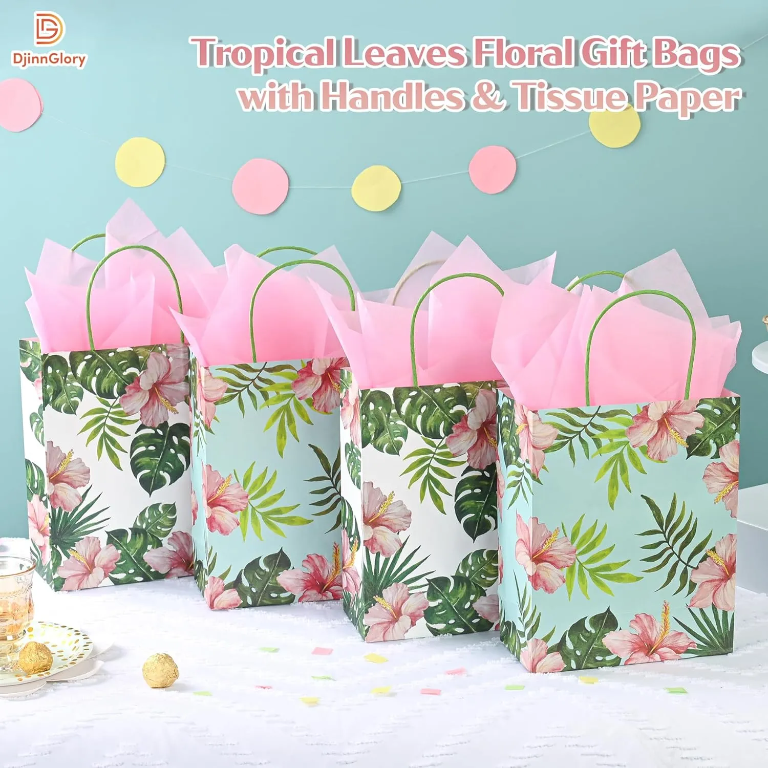 36 Pack Medium Hawaiian Tropical Themed Gift Bags with Handles and 36 Pink Tissue Paper for Luau Parties, Birthdays, Weddings, Bridal Showers, Boutiques (10x8x4 Inch, 2 Designs Assorted)