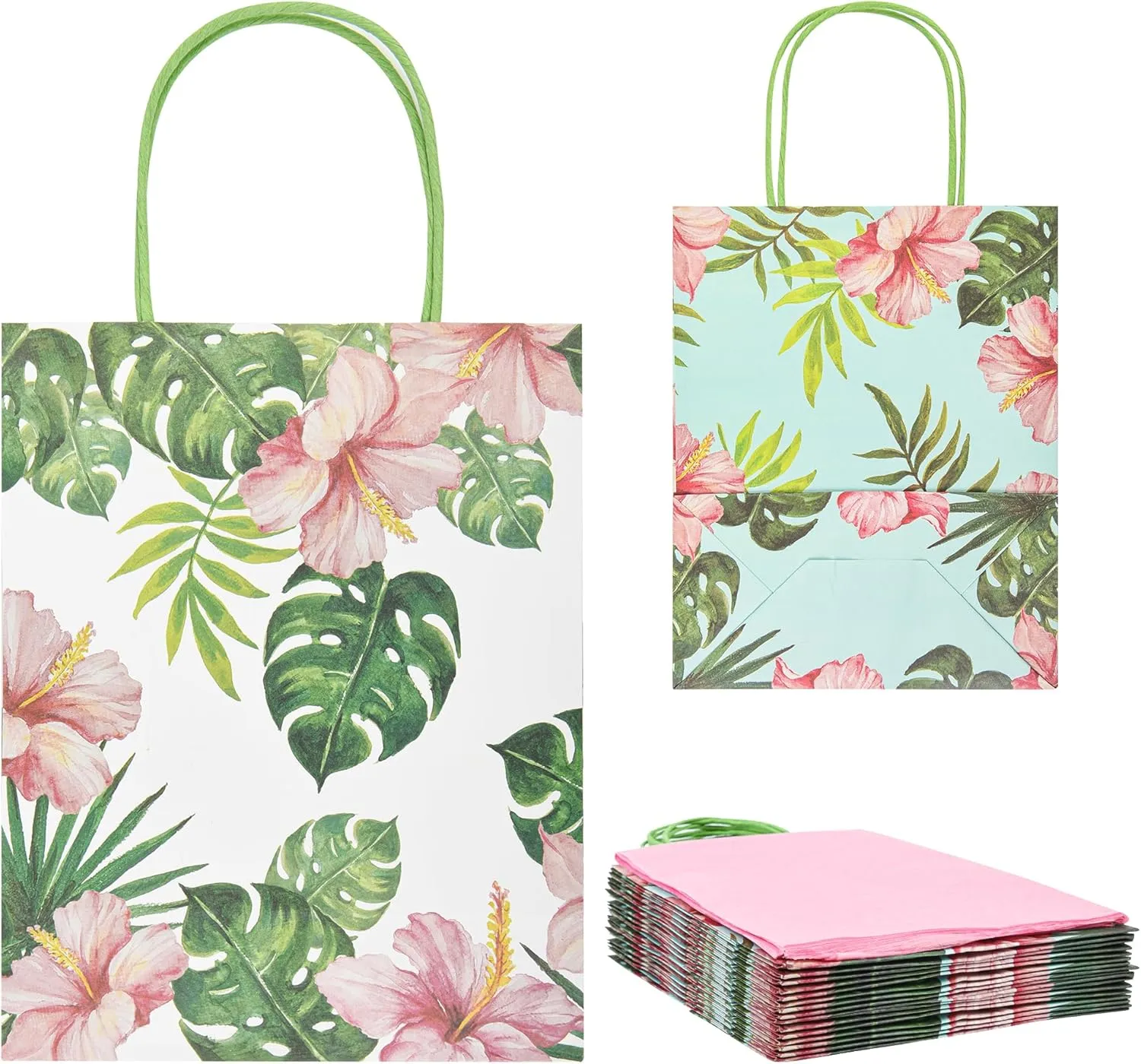 36 Pack Medium Hawaiian Tropical Themed Gift Bags with Handles and 36 Pink Tissue Paper for Luau Parties, Birthdays, Weddings, Bridal Showers, Boutiques (10x8x4 Inch, 2 Designs Assorted)