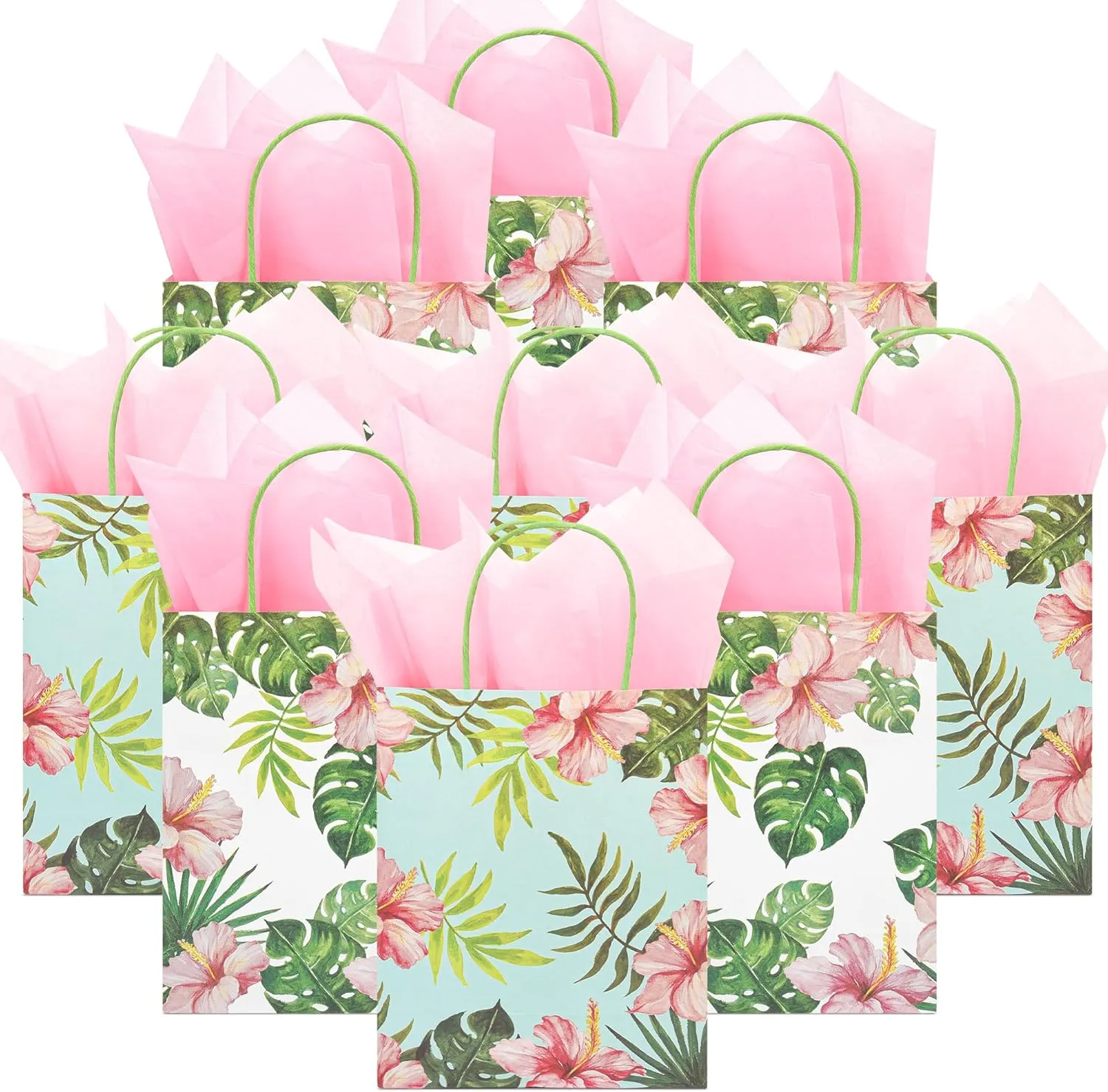 36 Pack Medium Hawaiian Tropical Themed Gift Bags with Handles and 36 Pink Tissue Paper for Luau Parties, Birthdays, Weddings, Bridal Showers, Boutiques (10x8x4 Inch, 2 Designs Assorted)