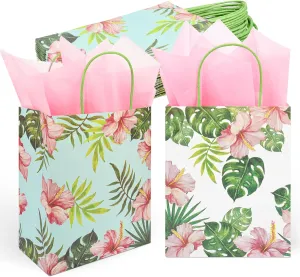 36 Pack Medium Hawaiian Tropical Themed Gift Bags with Handles and 36 Pink Tissue Paper for Luau Parties, Birthdays, Weddings, Bridal Showers, Boutiques (10x8x4 Inch, 2 Designs Assorted)