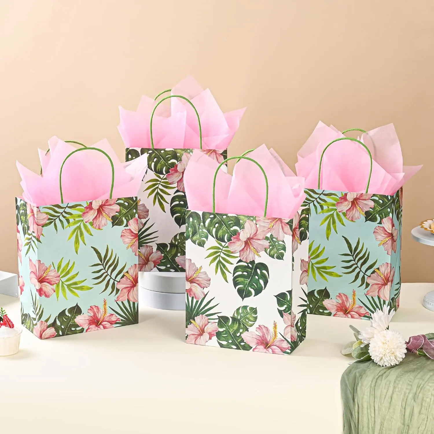 36 Pack Medium Hawaiian Tropical Themed Gift Bags with Handles and 36 Pink Tissue Paper for Luau Parties, Birthdays, Weddings, Bridal Showers, Boutiques (10x8x4 Inch, 2 Designs Assorted)