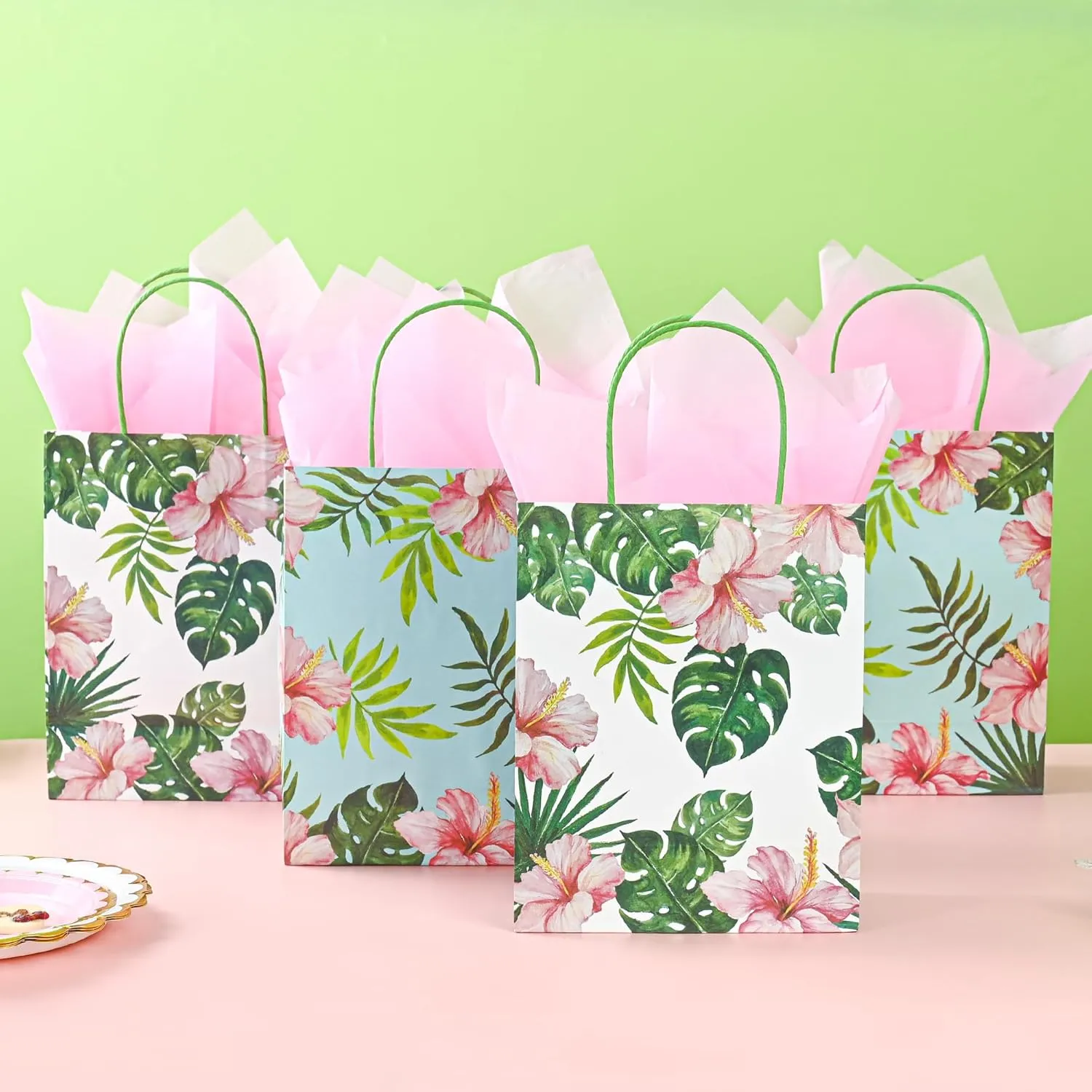 36 Pack Medium Hawaiian Tropical Themed Gift Bags with Handles and 36 Pink Tissue Paper for Luau Parties, Birthdays, Weddings, Bridal Showers, Boutiques (10x8x4 Inch, 2 Designs Assorted)