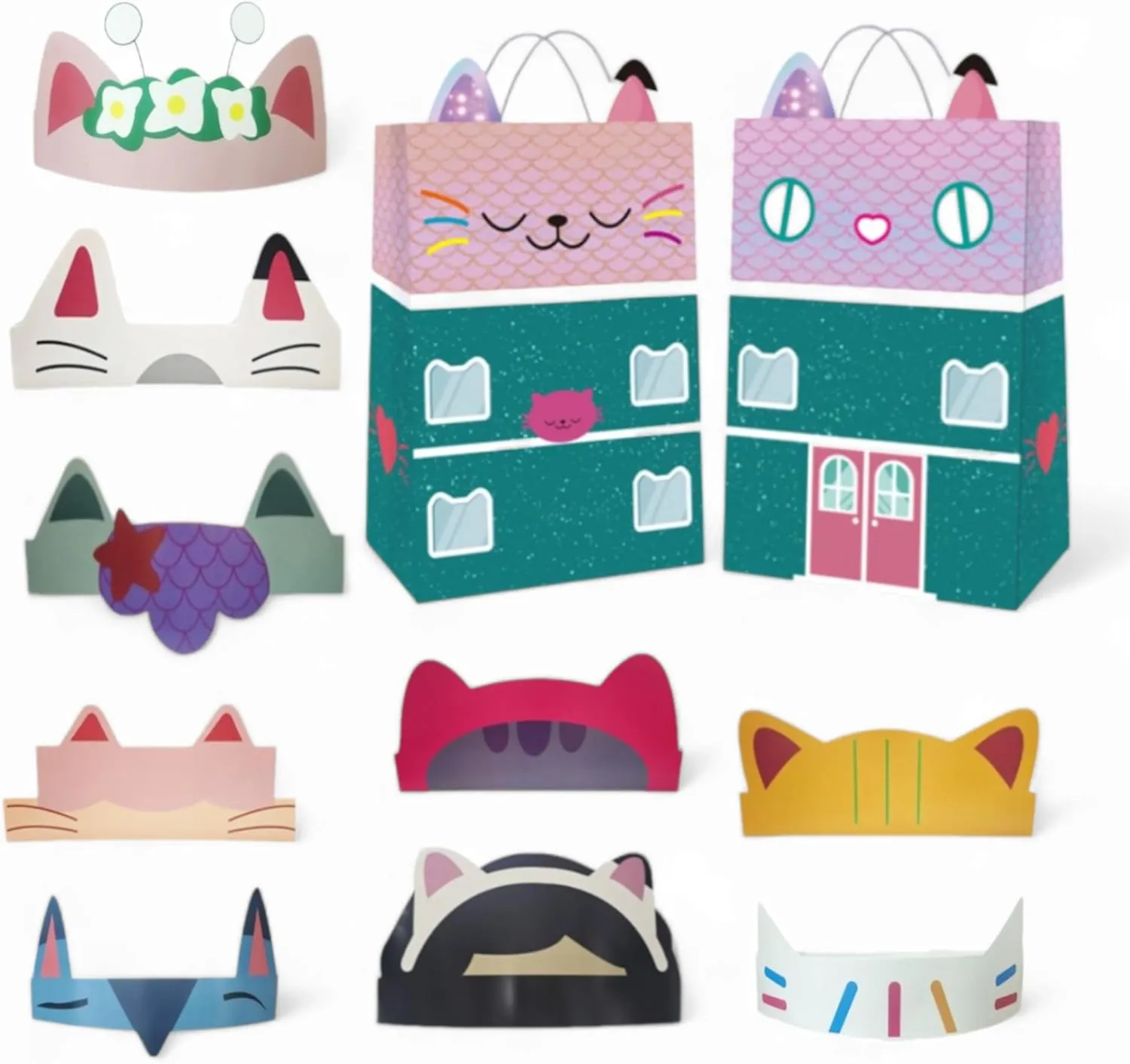 36 Pcs Cat Party Favors - 18 Dollhouse Favors Bags & 18 Crowns & Headbands
