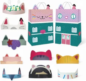 36 Pcs Cat Party Favors - 18 Dollhouse Favors Bags & 18 Crowns & Headbands