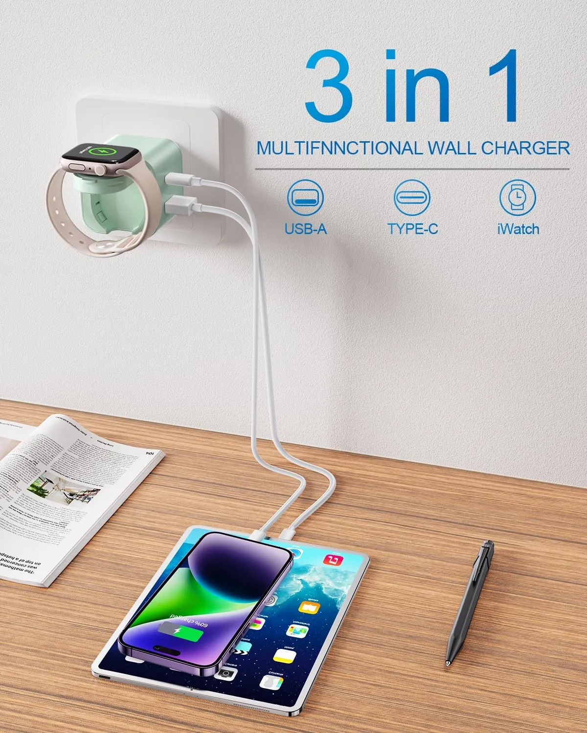 36W for Apple Charging Block with Built-in Watch Charger, Foldable PD Fast Charger Block for iPhone, Dual Ports Wall Charger Compatible with Apple Watch iPhone AirPods(Green)