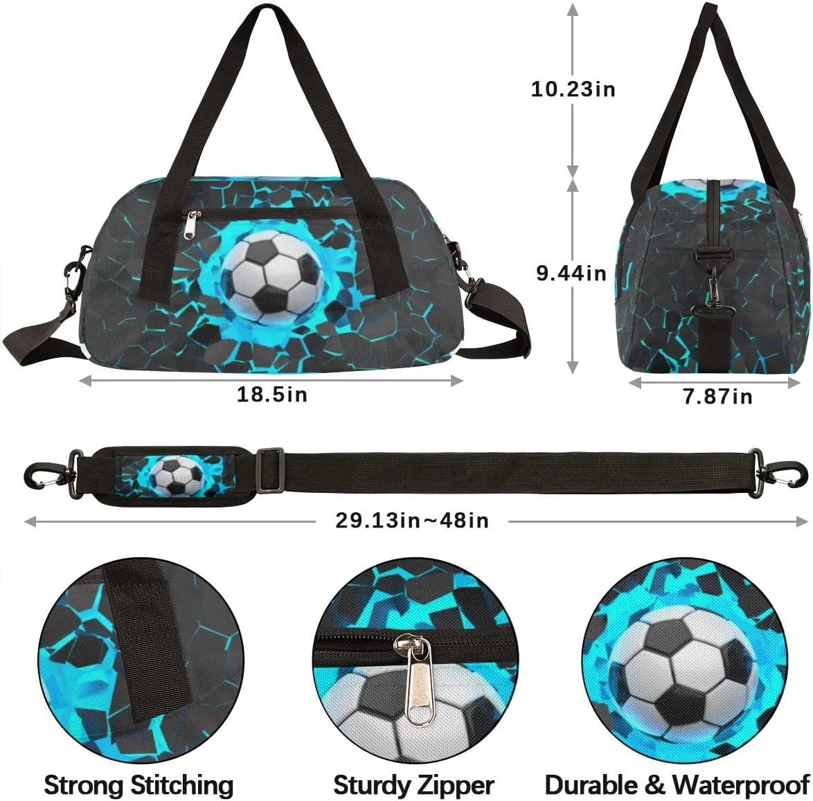 3D Light Wall Football Soccer Pattern Gym Duffle Bag for Kids,Sports Bag for Teens Boys & Girls Small Waterproof Overnight Weekender Carry School Practice Travel Bag