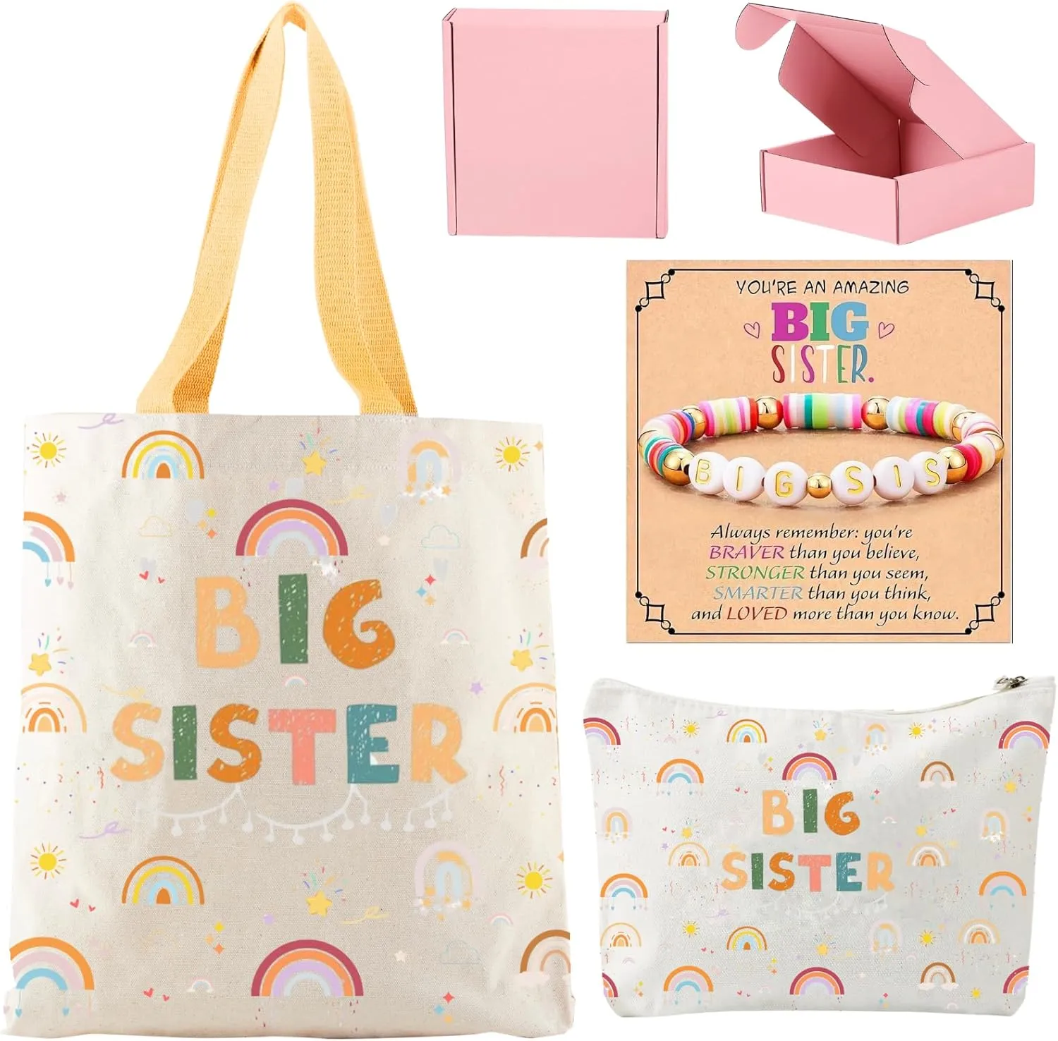 3PCS Big Sister Gifts for Girls, Big Sister Tote Bag, Pen Bag, Bracelet for Announcement Gift Set Sibling Keepsake