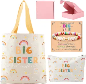 3PCS Big Sister Gifts for Girls, Big Sister Tote Bag, Pen Bag, Bracelet for Announcement Gift Set Sibling Keepsake