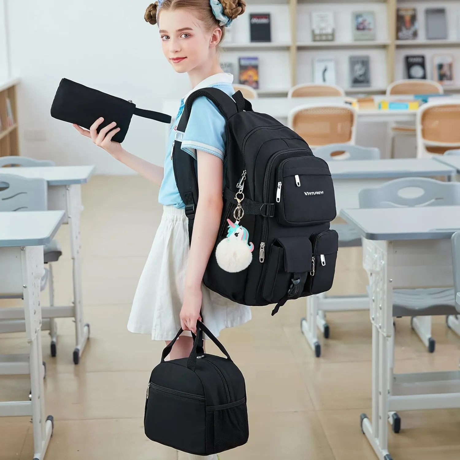 3PCS Student Laptop Backpack For School Women Middle High School Teen Girls Bookbag BLACK
