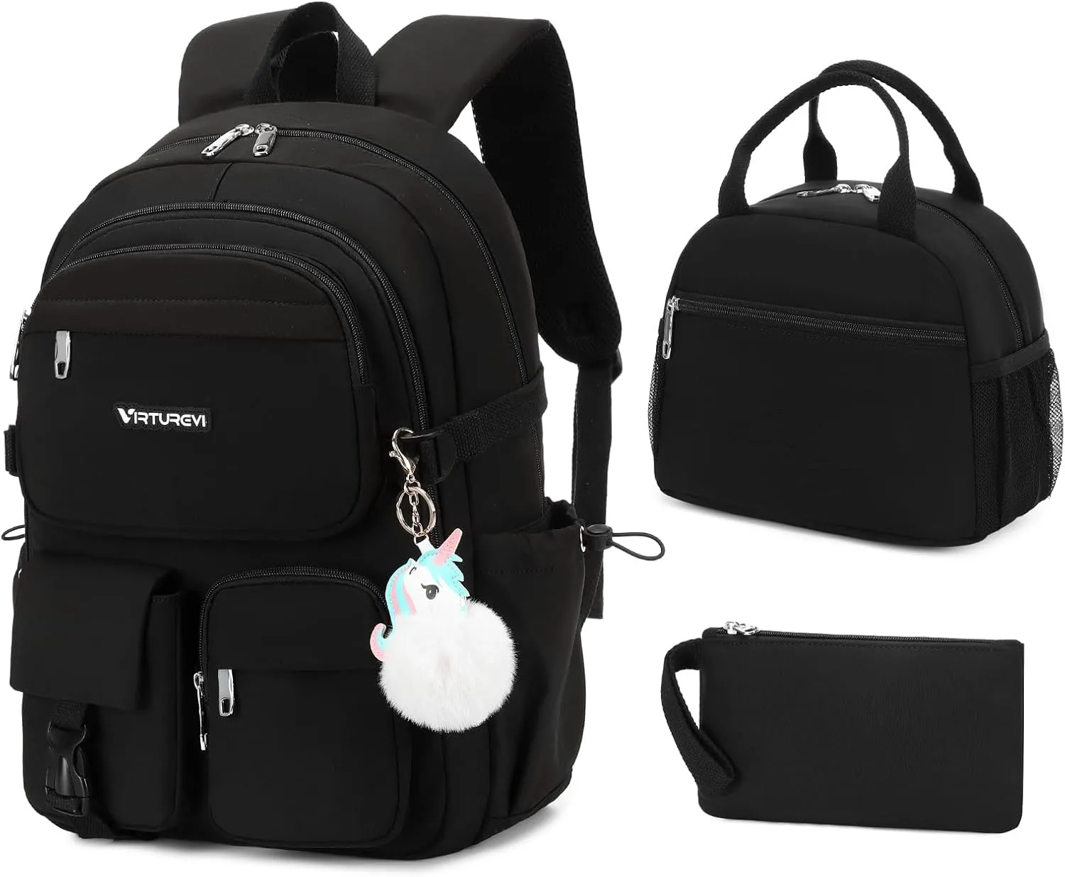 3PCS Student Laptop Backpack For School Women Middle High School Teen Girls Bookbag BLACK