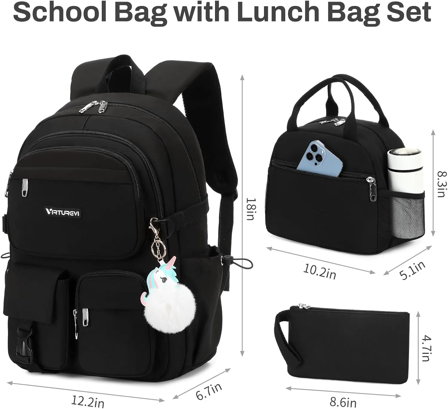 3PCS Student Laptop Backpack For School Women Middle High School Teen Girls Bookbag BLACK