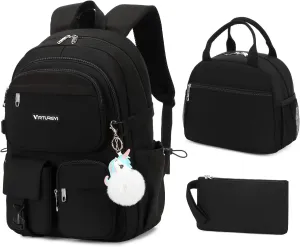 3PCS Student Laptop Backpack For School Women Middle High School Teen Girls Bookbag BLACK