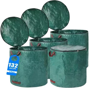 4 Pack 132 Gallons Reusable Yard Waste Bags with Double Bottom and Zipper Lid, Heavy Duty with 4 Handles, Garden Waste Container for Debris, Grass Clipping