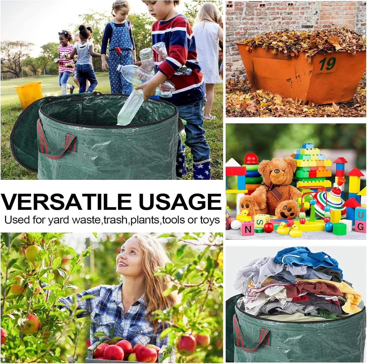 4 Pack 132 Gallons Reusable Yard Waste Bags with Double Bottom and Zipper Lid, Heavy Duty with 4 Handles, Garden Waste Container for Debris, Grass Clipping