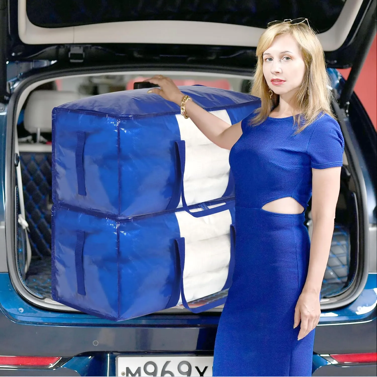 4 Pack Blue Moving Bags with Clear Window, Storage Bags with Full Wrap Carrying Handles & Zippers,Large Packing Bags for Saving Space, Alternative to Moving Boxes