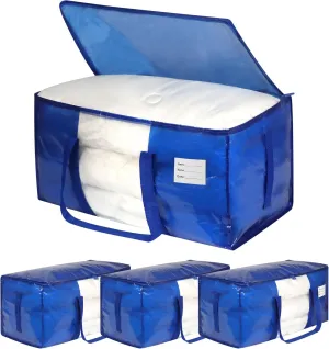 4 Pack Blue Moving Bags with Clear Window, Storage Bags with Full Wrap Carrying Handles & Zippers,Large Packing Bags for Saving Space, Alternative to Moving Boxes