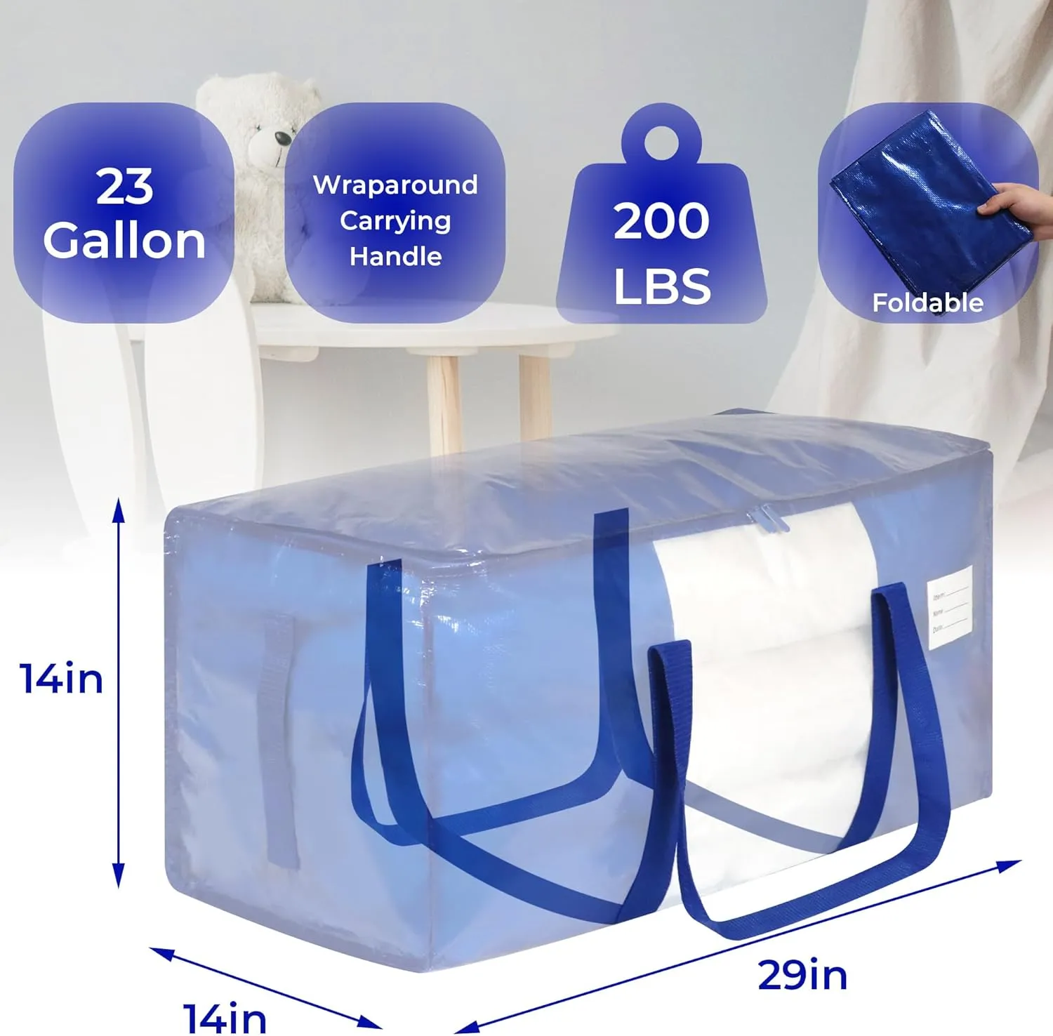 4 Pack Blue Moving Bags with Clear Window, Storage Bags with Full Wrap Carrying Handles & Zippers,Large Packing Bags for Saving Space, Alternative to Moving Boxes