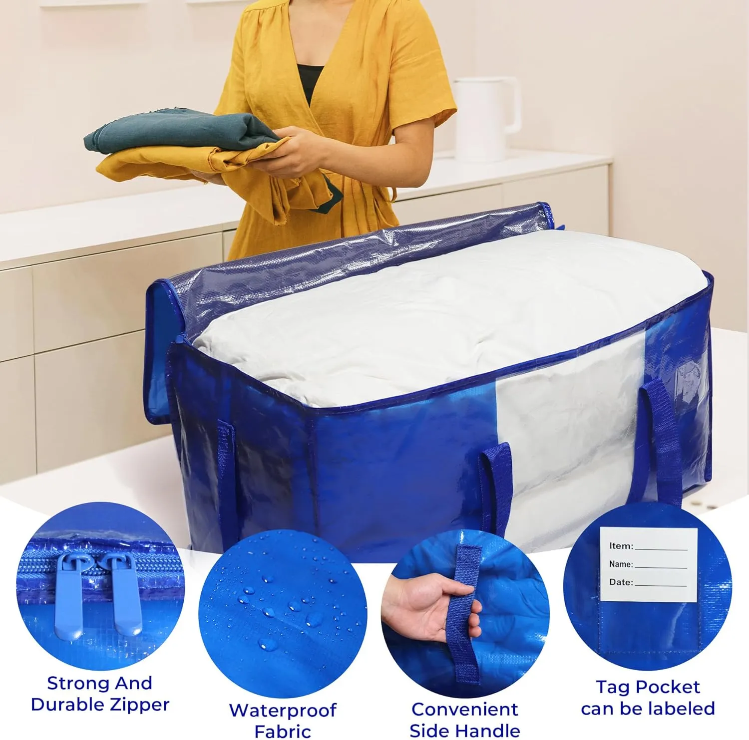 4 Pack Blue Moving Bags with Clear Window, Storage Bags with Full Wrap Carrying Handles & Zippers,Large Packing Bags for Saving Space, Alternative to Moving Boxes
