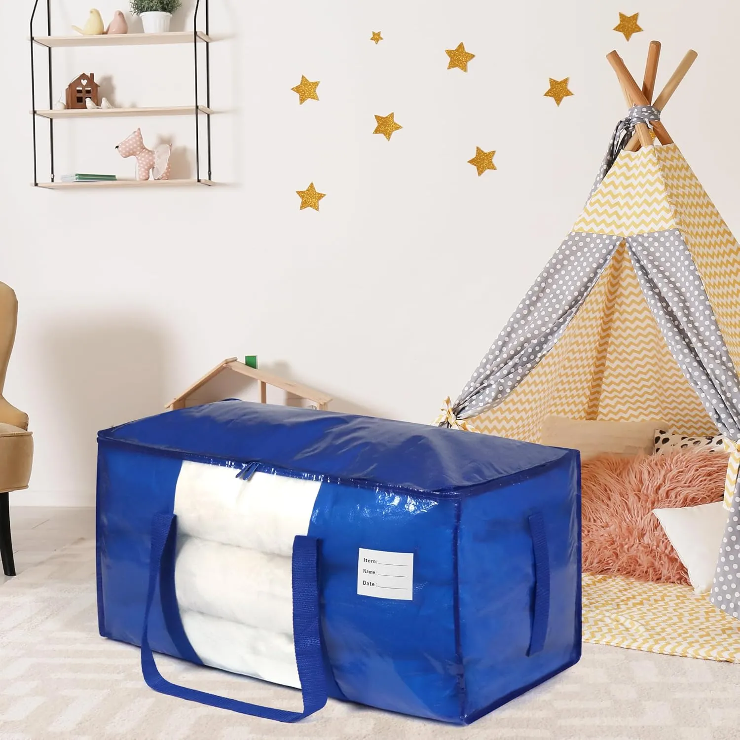 4 Pack Blue Moving Bags with Clear Window, Storage Bags with Full Wrap Carrying Handles & Zippers,Large Packing Bags for Saving Space, Alternative to Moving Boxes