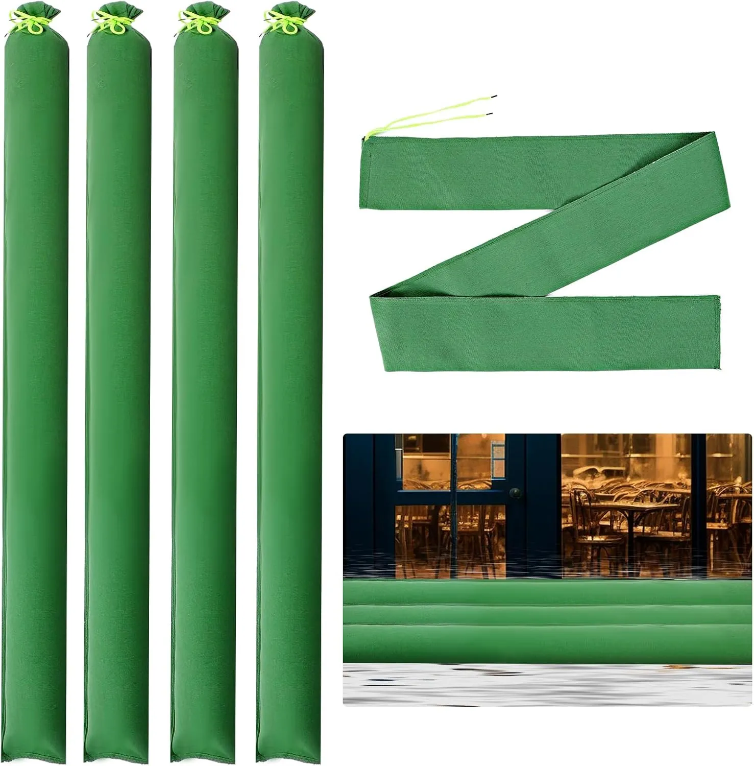 4 Pcs Long Canvas Sandbags Flood Protection Thickened Reusable Sand Bags Rain Wind Flood Barrier with Elastic Band Water Barrier Tube Sandbags for Door Window Rain Water Flood, Green (7 ft)
