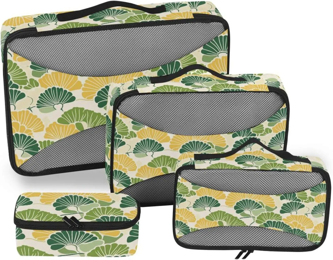 4 Pcs set luggage organizer bags Mesh Travel Essentials Yellow and Green Calico Ukiyo-e Style expandable packing bags