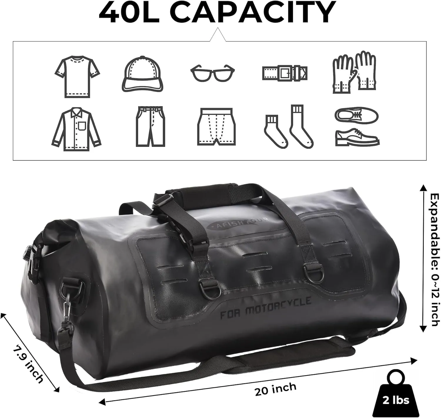 40L Waterproof Motorcycle Duffel Bag - Motorcycle Luggage Tail Bag with Straps for Back Seat - Roll Top Dry Bag for Kayaking, Rafting, Boating, Camping, Travel, Beach (Black)