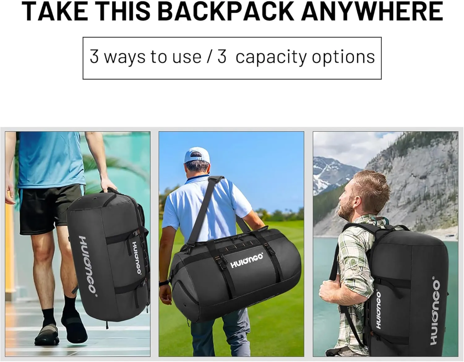 40L/60L/90L Large Waterproof Duffle Bag Backpack for Men, Mens Duffel Backpack Bags for Traveling, Heavy Duty (Black, 90l)