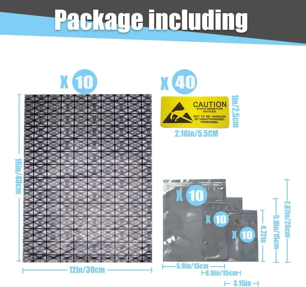40pcs Mixed 4 Size Open Top Antistatic Bag and Resealable Antistatic Bags ESD Shielding Bag for Motherboard Hard Drive Video Card LCD Screen with Anti-Static Labels(Assorted Sizes)