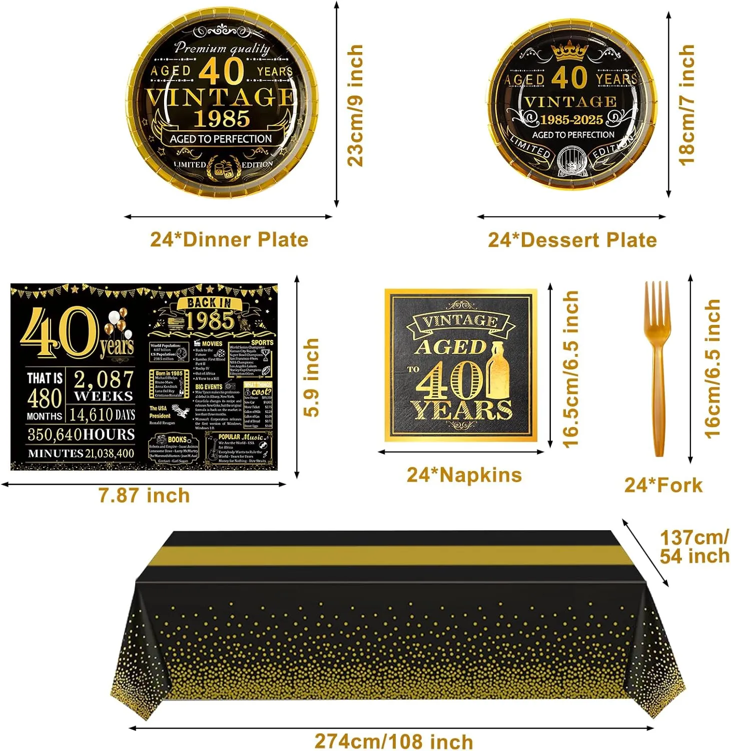 40th Birthday Party Tableware Set,Back in 1985 40th Birthday Party Supplies Decorations,Include 1985 Anniversary Card,Tablecloth and Plates, Forks,Napkins 24 Guests for Men