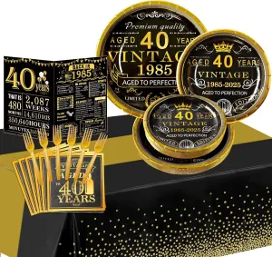 40th Birthday Party Tableware Set,Back in 1985 40th Birthday Party Supplies Decorations,Include 1985 Anniversary Card,Tablecloth and Plates, Forks,Napkins 24 Guests for Men