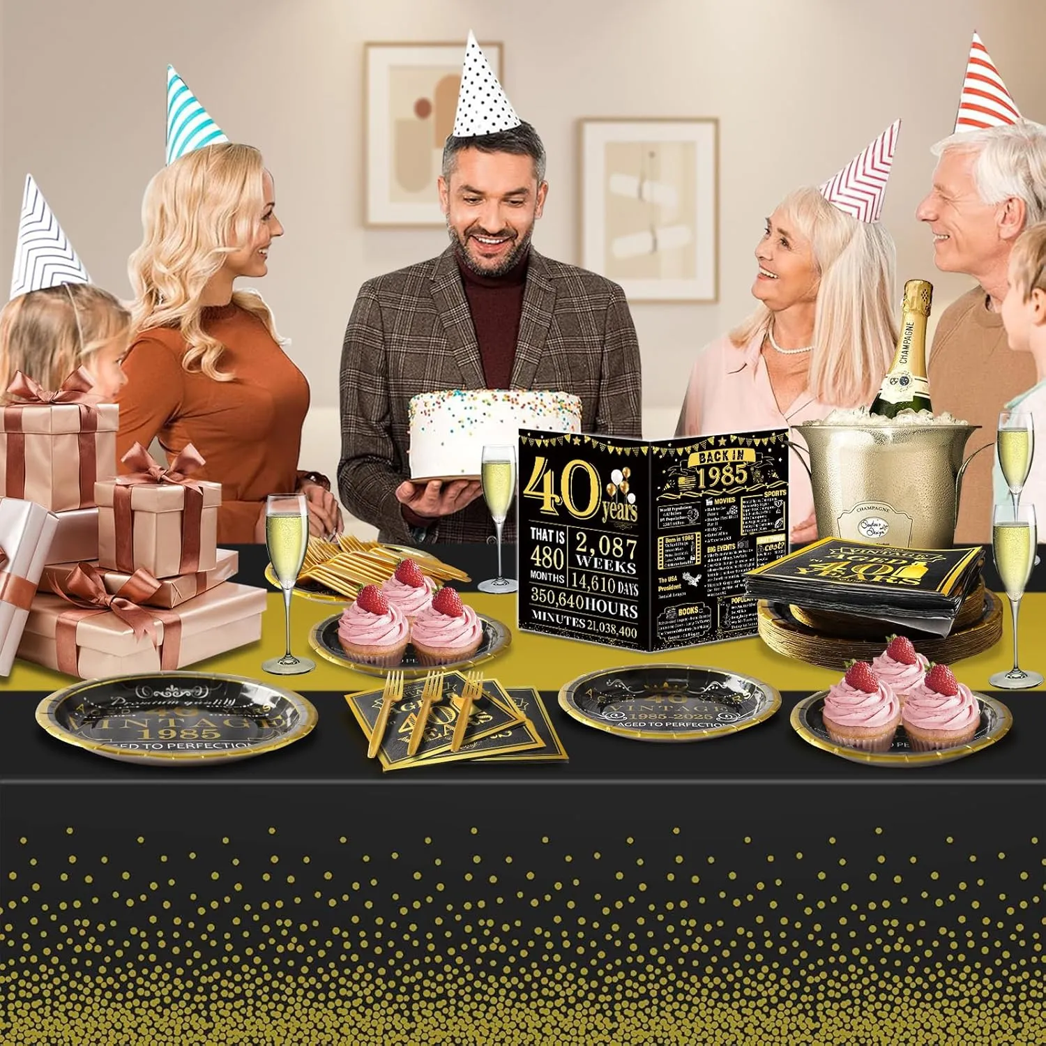 40th Birthday Party Tableware Set,Back in 1985 40th Birthday Party Supplies Decorations,Include 1985 Anniversary Card,Tablecloth and Plates, Forks,Napkins 24 Guests for Men