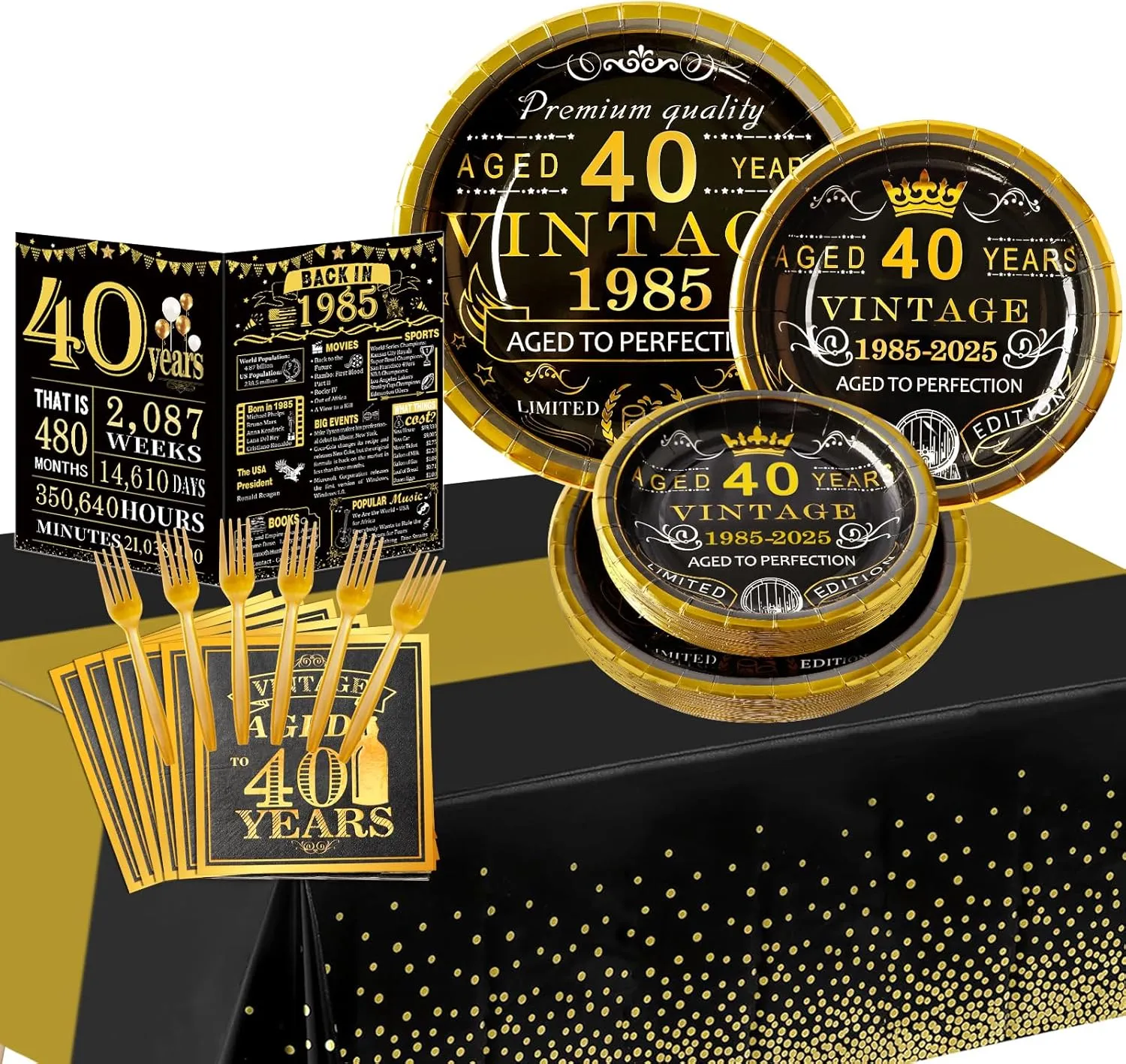 40th Birthday Party Tableware Set,Back in 1985 40th Birthday Party Supplies Decorations,Include 1985 Anniversary Card,Tablecloth and Plates, Forks,Napkins 24 Guests for Men