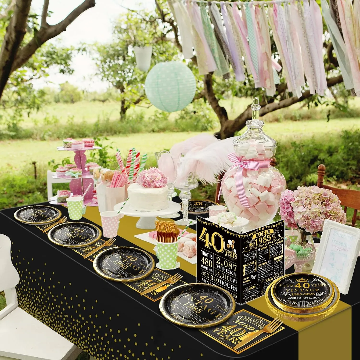 40th Birthday Party Tableware Set,Back in 1985 40th Birthday Party Supplies Decorations,Include 1985 Anniversary Card,Tablecloth and Plates, Forks,Napkins 24 Guests for Men