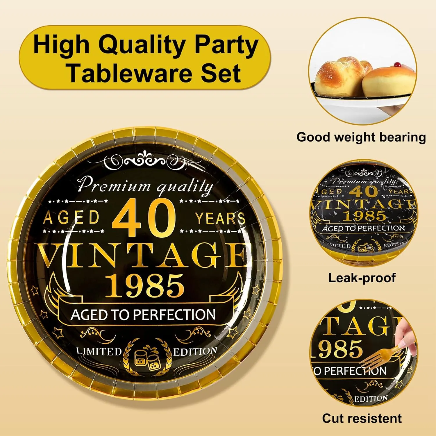 40th Birthday Party Tableware Set,Back in 1985 40th Birthday Party Supplies Decorations,Include 1985 Anniversary Card,Tablecloth and Plates, Forks,Napkins 24 Guests for Men