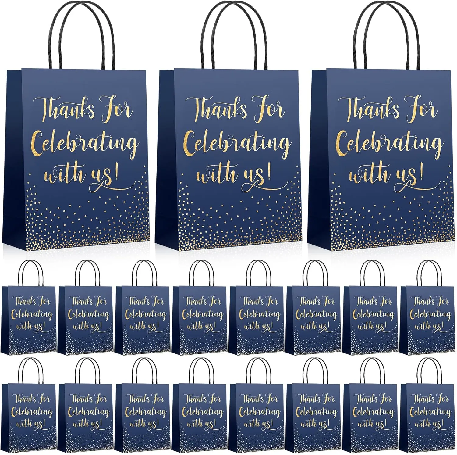45 Pcs Wedding Welcome Bags for Hotel Guests Gold Foil Wedding Gift with Handles Thanks for Celebrating with Us Paper Bags Medium Size Bridal Gift Favor(Dark Blue)